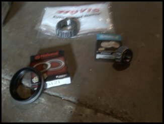 Bearings and seal<br />ALL parts from National/Federal Mogul/Moog<br />Inner Bearing=I don't have the number.  Spec for a 1976 Dodge Aspen<br />Seal #5121<br /><br />Outer Bearing #LM11949